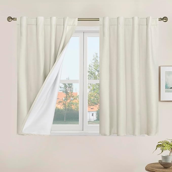 100% Blackout Short Linen Curtains for Cafe 40 Inch Length, Ivory | Thermal, Linen Textured, Kitchen Curtains, Drapes for Bedroom with White Liner, Rod Pocket Back Tab, 2 Panels, 34 x 40 Inch