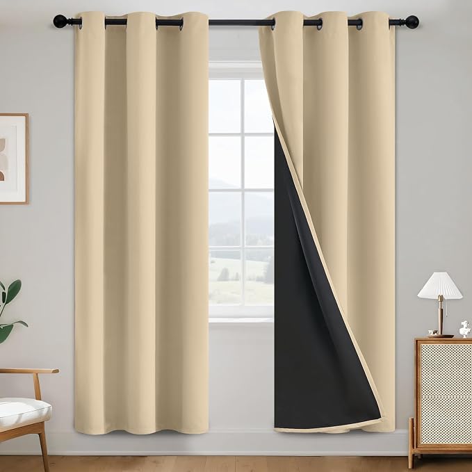 SimpleHome Beige 100% Blackout Curtains Room Darkening Living Room 72 Inch | Curtains for Bedroom,Thermal Insulated Grommet Window Drapes,Curtains for Living Room with Black Back,38 x 72 Inch,2 Panels