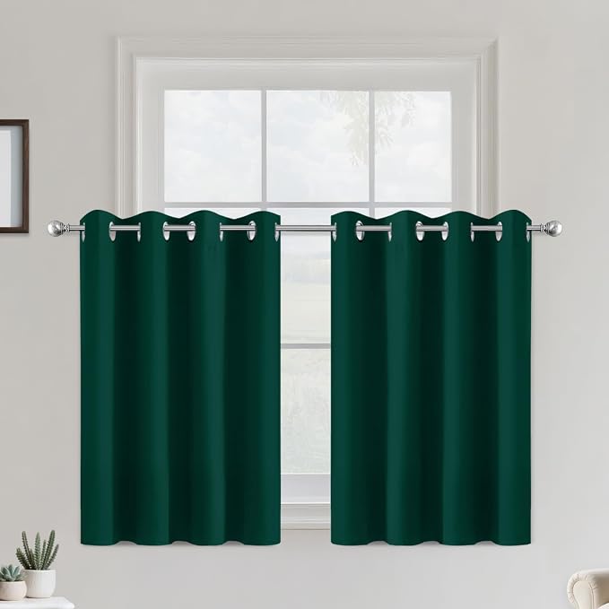 COSVIYA Grommet Room Darkening Dark Green Curtains 36 inch Long for Bedroom | Light Blocking Insulated Thermal Curtains for Living Room, Blackout Thick Polyester Window Drapes,52x36 inches, 2 Panels