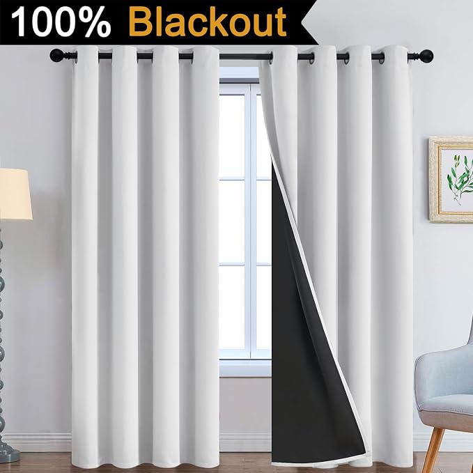 Yakamok 100% Blackout Curtains 84 Inches Long, 2 Thick Layers Heat and Full Light Blocking Soft Thermal Insulated Drapes for Bedroom(52" Wide Each Panel, Greyish White, 2 Panels) | Blackout Curtains for Bedroom/Living Romm Full Light Blocking Soft Ther...