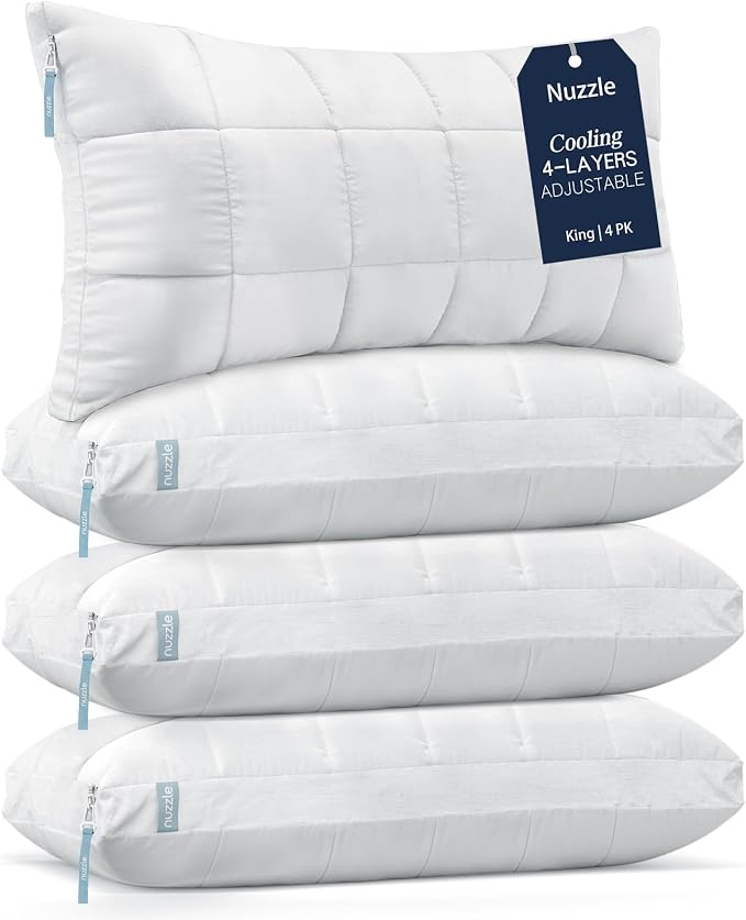 Nuzzle Neck Pillow Adjustable King Size Set of 4,Soft Luxury Hotel Feel | Bed Pillows King Size Set of 4 with Adjustable Height & Firm Feel for Side, Back and Stomach Sleepers–Gift for Women & Men