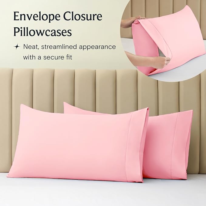 LuxClub Twin Size Sheets Set, Cooling & Soft Deep Pocket Bed Sheets, 3PC | LuxClub Silky Fitted Sheet & Pillowcase Sets, Breathable Hotel Luxury Bedding for Mattress Wrinkle Free, Baby Pink