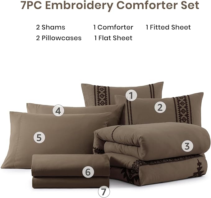 MaiRêve Embroidery King Size Comforter Set 7 Pieces Taupe Grey Bed in a Bag | Western Boho Farmhouse Bedding Sets with Comforter, Sheets, Pillowcases & Shams