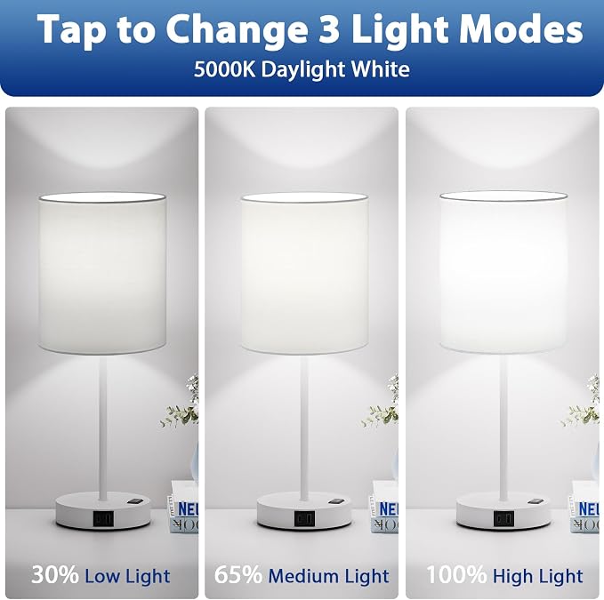 17.6" White Touch Lamps for Bedroom Set of 2 - Dimmable, USB C+A, AC Outlet | Large 17.6" Tall Lamp, 3-Way Dimming, 5000K Daylight Bulbs, White Lampshade White Base, for Living Room, Boys, Men, Girls