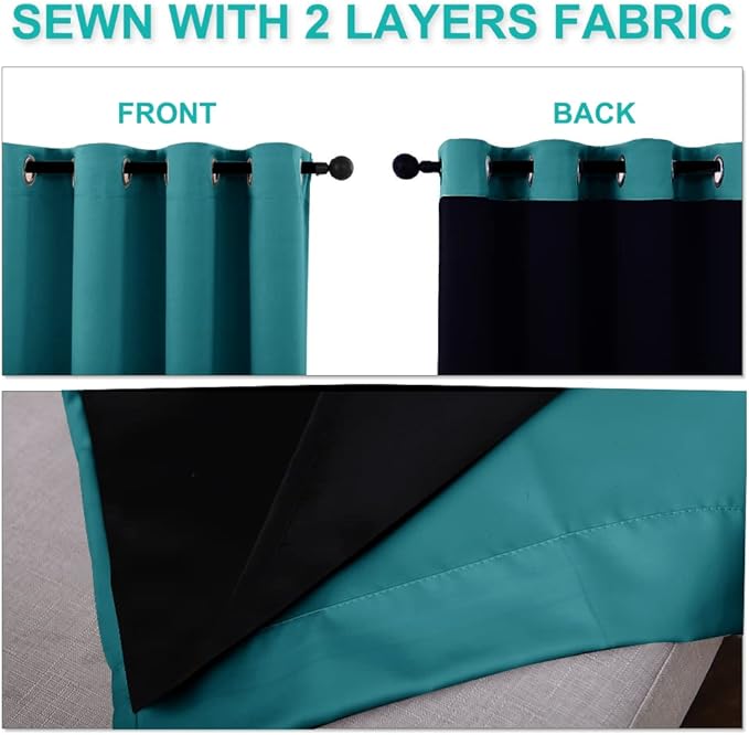 NICETOWN Full Shade Curtain Panels, 37" Wide x 70" Long, Peacock Teal, Pair of Thermal Insulated & Energy Efficiency Blackout Drapes for Living Room, Lined Silky Performance Window Dressing