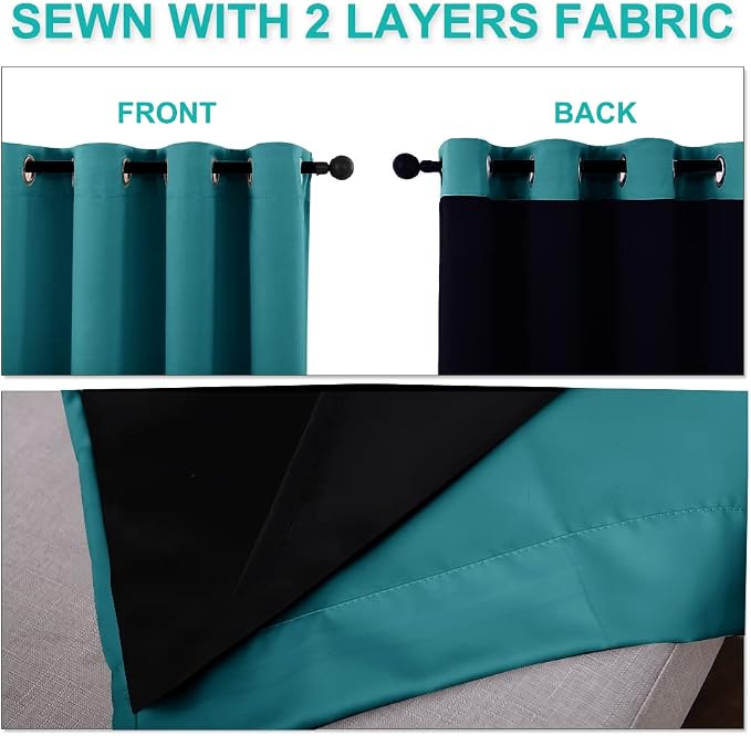 NICETOWN Peacock Teal 100% Blackout Curtains 45 inches Long, 2 Thick Layers Completely Blackout Window Treatment Thermal Insulated Lined Drapes for Small Window (1 Pair, 52 inches Width Each Panel)