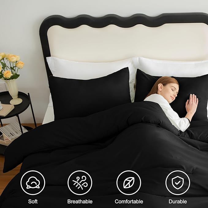 Queen Comforter Set, 3 Pieces Down Alternative Bedding, Black | 270 GSM All Season Comforter with 4 Corner Ties for Use as a Duvet Insert, OEKO-TEX Certified, 2 Pillowcases, 88 x 88 in