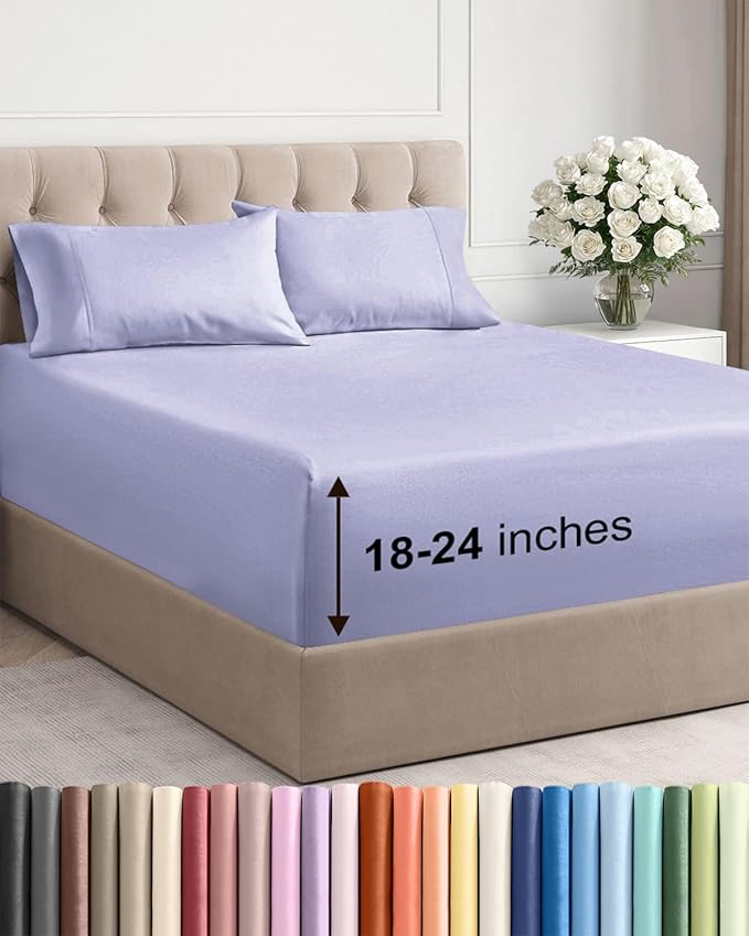 Extra Deep Cal King Sheet Set - 4 Piece Breathable & Cooling - Lavender | Easily Fits 18 to 24 inch Mattress, Ultra Soft, Wrinkle & Fade Free with Extra Deep Pockets, Comfy Hotel Luxury Bedding