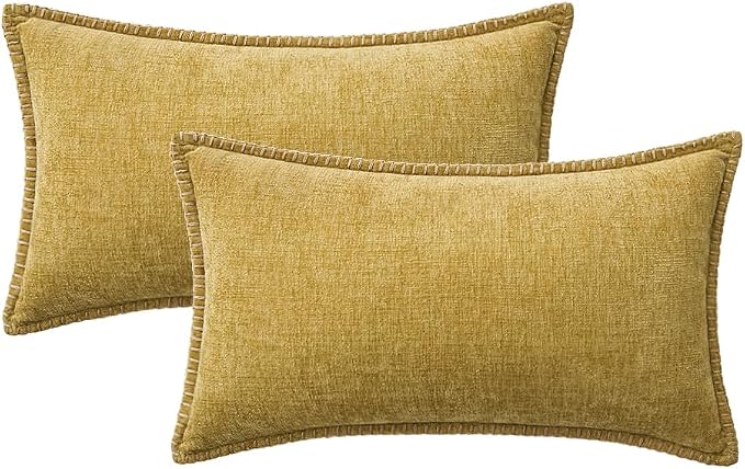MIULEE Decorative Lumbar Throw Pillow Covers 12x20 Inch Mustard Yellow | 2 Pack, Farmhouse Pillow Covers with Stitched Edge, Soft Chenille Cushion Cases, for Couch Sofa Bed Living Room Home Decor