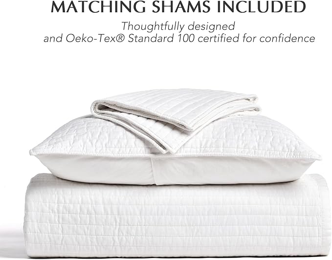 EVERGRACEHOME Cotton Sateen Quilt Set, King Size, Bright White | 100% Cotton, Channel Stitch Coverlet Bedspread, Pre-Washed Lightweight Soft Bedding Set for All Season, 3 Piece, with 2 Shams