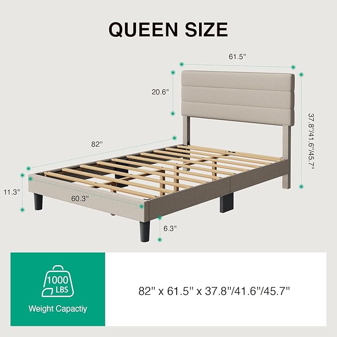 Novilla Queen Bed Frame, Queen Size Bed Frame with Wooden Slats Support, Linen Upholstered Stripe Headboard, No Box Spring Needed, Heavy Duty Feet, Easy Assembly, Beige