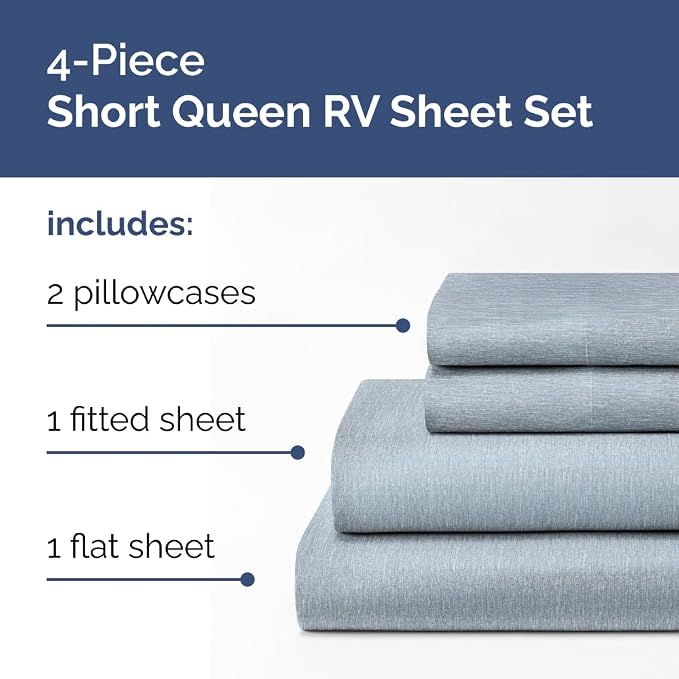 Short Queen Size 4 Piece Bed Sheet Set - RV Short Queen - Heathered Blue | Ultra-Soft, Breathable & Cooling Bed Sheets Set with Deep Pockets, Hotel Luxury Bedding for Women & Men, Wrinkle & Fade Free