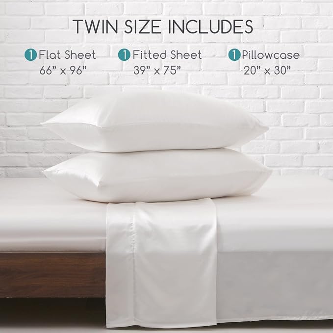 MR&HM Satin Sheets Twin Size with Elastic Corner Straps, Ivory | Similar to Silk, 3-Piece Silky Soft Bed Sheet Set, Gentle on Skin and Hair, 15" Deep Pocket, Cooling & Breathable