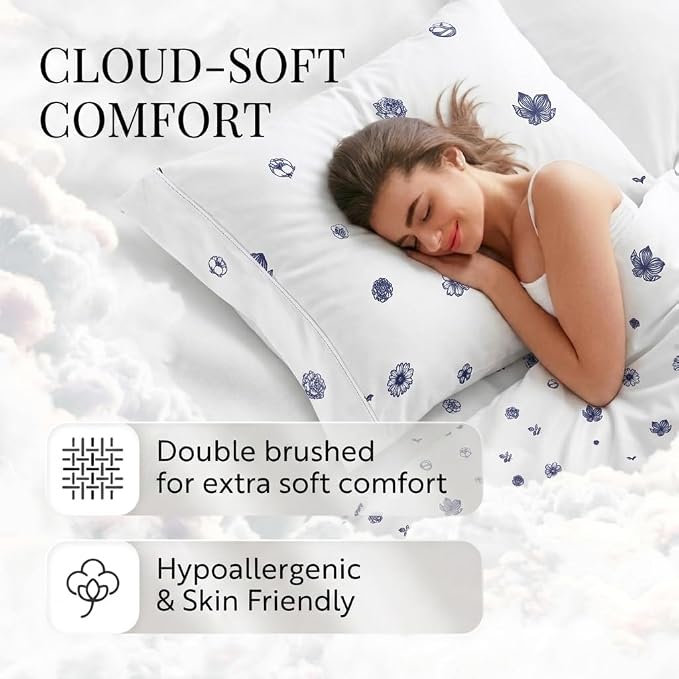 Linen Market Double-Brushed Patterned Microfiber Queen Sheet Set 4 Piece – Oeko-TEX Certified Ultra Soft & Wrinkle-Free - 16" Deep Pocket Sheets - Easy Care Queen Size - Indigo Flowers Navy
