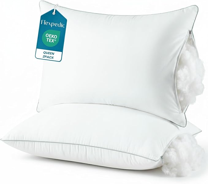 Pillows Queen Size Set of 2,Firm Adjustable Fluffy Bed Pillows for Sleeping | Down Alternative Fill Pillows, Zippered Plush Support, Hotel Quality, Oeko-TEX, Machine Washable,110GSM Grey Piping