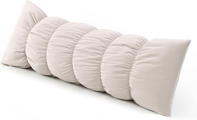 Pat. Pend. Long Bed Pillow for Side Sleepers, 47 Inch, Misty White | Segmented full body pillow for adults with a removable, washable soft velvet cover; long bed pillow for comfortable sleeping.