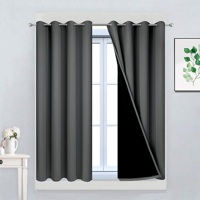 Yakamok Dark Grey 100% Blackout Curtains 45 Inches Long 52" Wide 2 Panels | Blackout Curtain Panels for Bedroom, 2 Thick Layers Grommet Top Thermal Insulated Drapes with Black Liner for Living Room