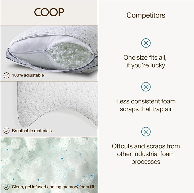 Coop Home Goods Eden Crescent Bed Pillow for Side & Back Sleepers, Queen Size, Adjustable Medium Soft Memory Foam Pillow with Cooling Gel & Ergonomic Crescent Shape, CertiPUR-US/GREENGUARD Gold