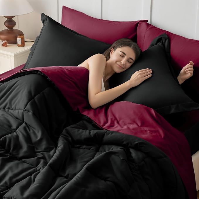 JOLLYVOGUE King Comforter Set, Ultra-Soft Bed in a Bag King Size 7 Pieces, Oeko-TEX Certified Bedding Set with Down Alternative Comforter, Sheets, Pillowcases & Shams, Black & Deep Burgundy