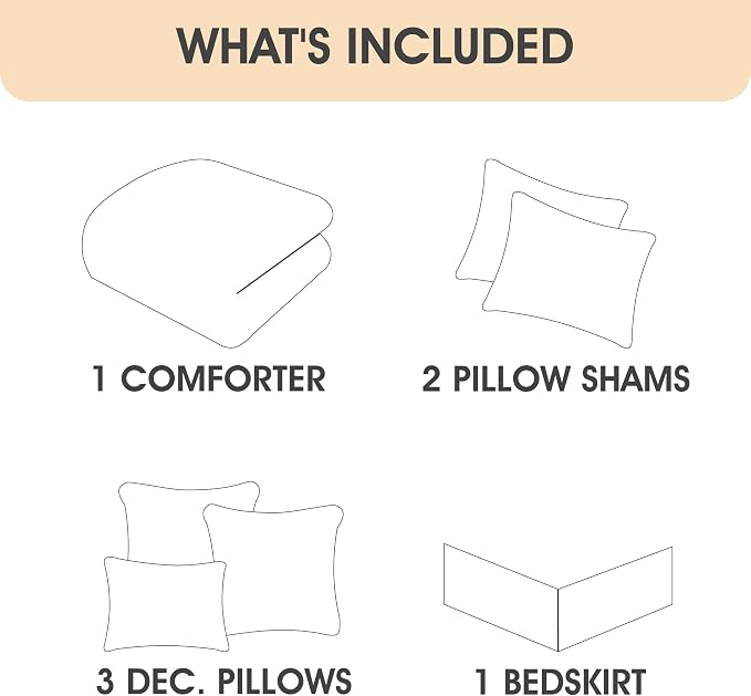 7 Piece Comforter Set, Taupe White, Queen Size, Boho Style Geometric Microfiber Embroidery, Bed in a Bag with Bedskirt, Pillow Shams and Decor Pillows