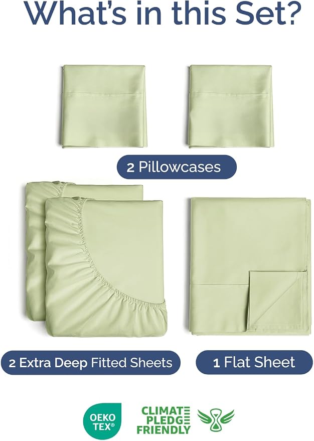 Extra Deep Split King Sheet Set - 5 Piece Cooling Sheets - Light Sage Green | Easily Fits 18 to 24 inch Mattress - Ultra Soft, Wrinkle & Fade Free with Extra Deep Pockets - Comfy Hotel Luxury Bedding