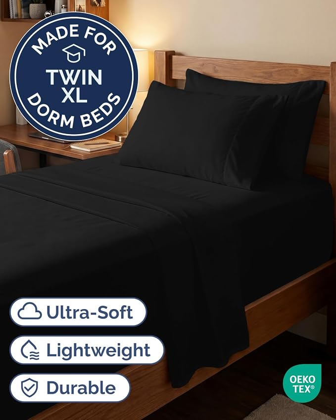 Extra Deep Twin XL Sheet Set - 4 Piece College Dorm Room - Black | College Dorm Room Essentials, Easy & Secure Fit, Ultra-Soft, Wrinkle & Fade Free, Comfy Sheets Set with Extra Deep Pockets