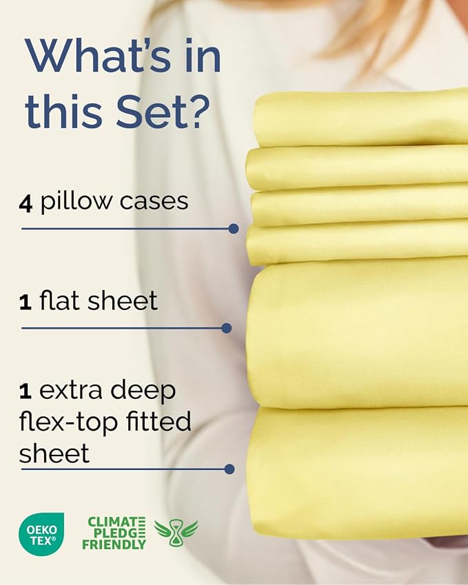 CGK Unlimited Extra Deep Flex Top Split Head King Sheet Set - 6 Piece Breathable and Cooling Sheets - Hotel Luxury Bedding for Women, Men, Kids & Teens - Easy Secure Fit - Extra Deep Pockets - Yellow