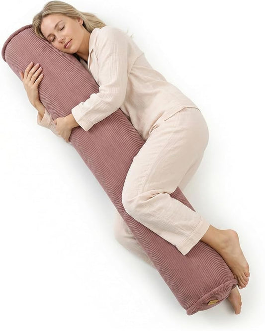 Long Round Body Pillow for Adults – Corduroy Cervical Roll Bolster Pillow, Firm Support for Spine Alignment & Side Sleeping,59 x 7.87 Inches,Brick Brown
