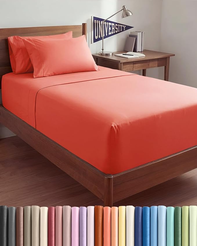 Extra Deep Twin XL Sheet Set - 4 Piece College Dorm Room - Coral | College Dorm Room Essentials, Easy & Secure Fit, Ultra-Soft, Wrinkle & Fade Free, Comfy Sheets Set with Extra Deep Pockets