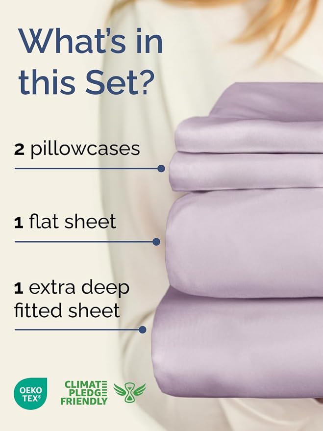 Extra Deep Cal King Sheet Set - 4 Piece Cooling Bed Sheets - Light Lavender | Easily Fits 18 to 24 inch Mattress, Ultra Soft, Wrinkle & Fade Free with Extra Deep Pockets, Comfy Hotel Luxury Bedding