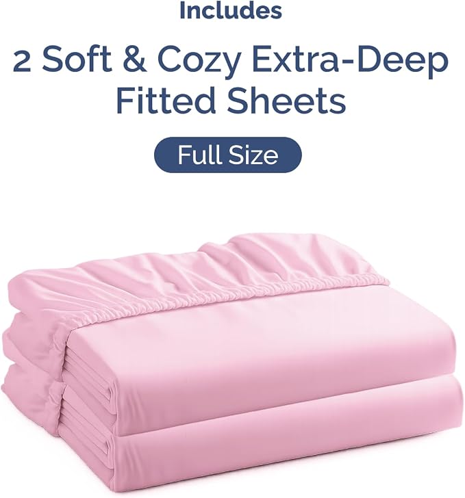 2 Pack Extra Deep Full Fitted Sheets with Extra Deep Pockets - Light Pink | Hotel Luxury Bottom Fitted Sheets Only, Soft, Fade & Wrinkle Free, Breathable & Comfy, All Around Elastic Fitted Sheets
