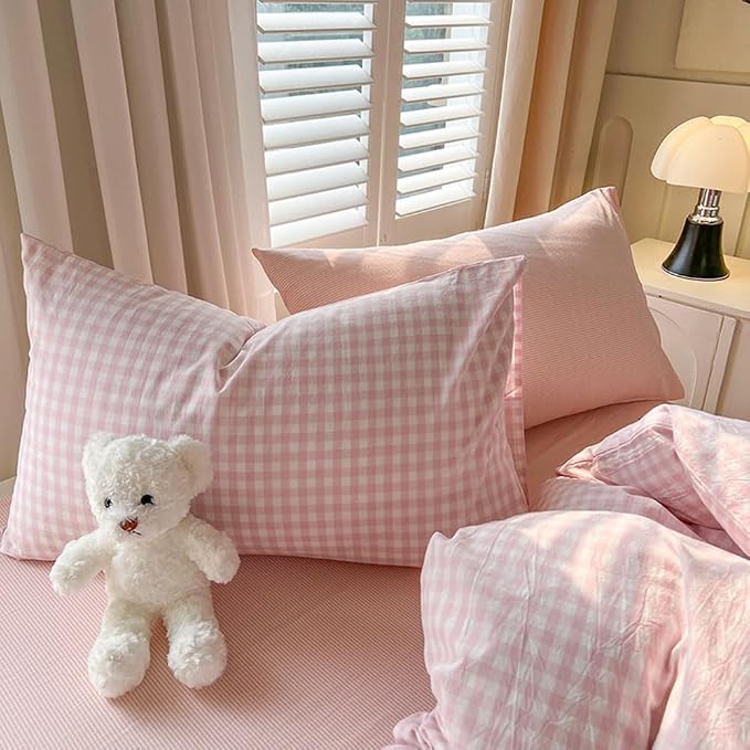 Nayoroom Gingham Duvet Cover Set Queen Pink White Plaid Checkered Bedding | Soft Breathable Washed Microfiber, All-Season Comfort, Hidden Zipper, 4 Corner Ties, Coquette Modern Farmhouse, Dorm Bedding