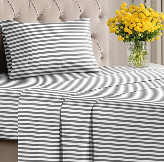 Twin XL 3 Piece Striped Sheet Set - Breathable & Cooling - Black Pinstripe | 1 Flat, 1 Fitted & 1 Pillowcase w/ Deep Pockets, Luxury Striped Bedding, Soft, Breathable & Cooling, Wrinkle & Fade Free