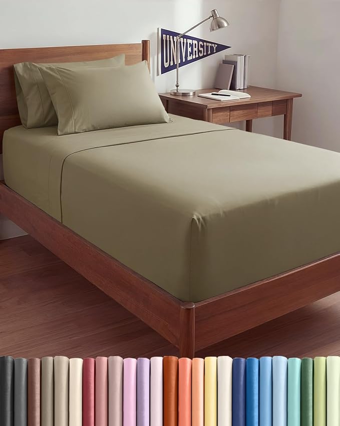 Extra Deep Twin XL Sheet Set - 4 Piece College Dorm Room - Khaki | College Dorm Room Essentials, Easy & Secure Fit, Ultra-Soft, Wrinkle & Fade Free, Comfy Sheets Set with Extra Deep Pockets