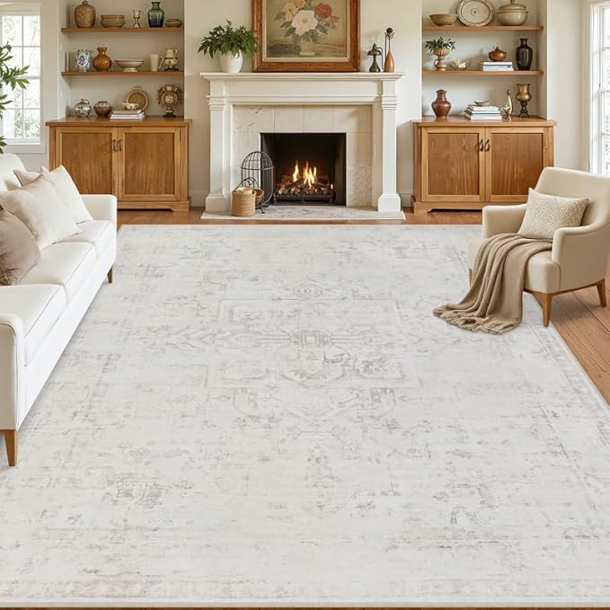 10x14 Area Rugs Living Room: Bedroom Washable Carpet Neutral Cream | Large Vintage Boho Indoor Decor Carpets Soft Nursery Farmhouse Dining Room Office Floor Non-Slip Low Pile Under Table Rug