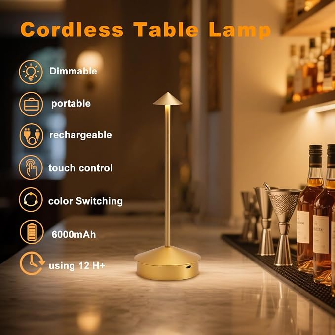 EJQ Cordless Table Lamp,Portable LED Table Light, Rechargeable 6000mAh Battery Operated, 3 Color Stepless Dimming Up Touch Lamp for Restaurant/Bedroom/Bars/Outdoor Party/Camping/Camping Light(Gold)