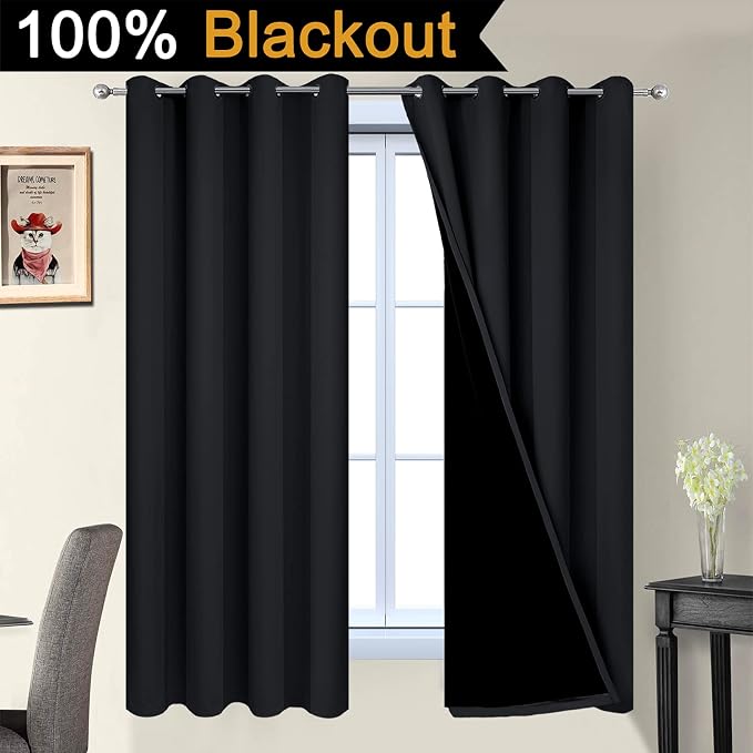 Yakamok Black 100% Blackout Curtains 63 Inches Long for Bedroom 52" Wide | Blackout Curtain Panels for Bedroom, 2 Thick Layers Grommet Top Thermal Insulated Drapes with Black Liner for Living Room