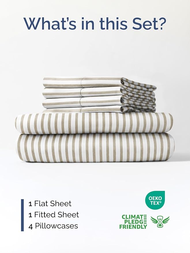 Extra Deep Cal King Sheet Set - 6 Piece Cooling Bed Sheets - Beige Stripes | Hotel Luxury Bed Sheets Set, Easy & Secure Fit, Ultra-Soft, Wrinkle & Fade Free, Comfy Sheets Set with Extra Deep Pockets