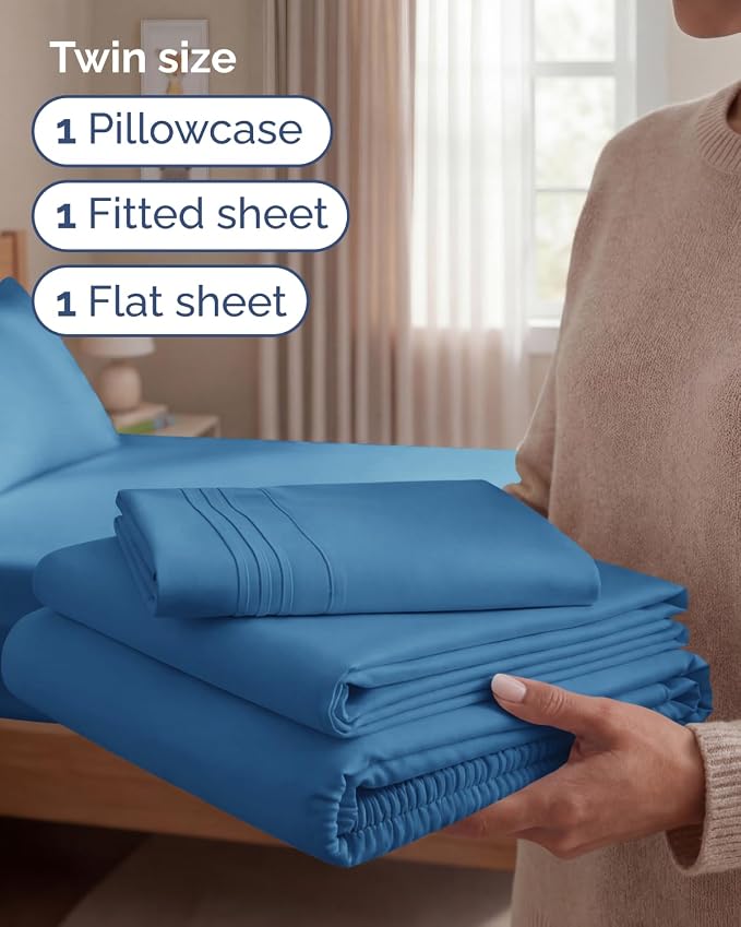 Twin Size 3 Piece Sheet Set - Breathable & Cooling Sheets - Denim Blue | Hotel Luxury Bed Sheets for Women & Men, Deep Pockets, Easy-Fit, Extra Soft and Wrinkle Free Sheets, Oeko-Tex Bed Sheet Set