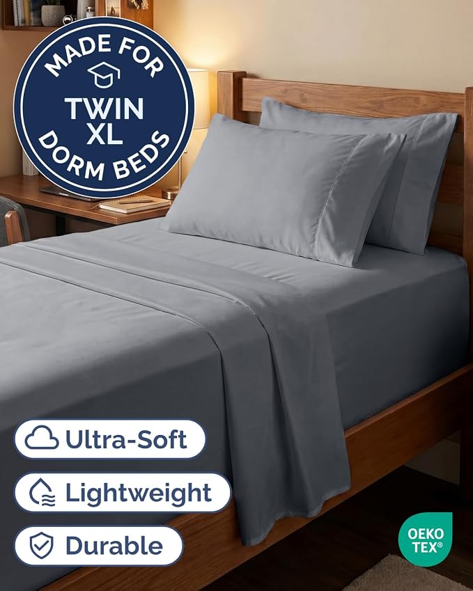 Extra Deep Twin XL Sheet Set - 4 Piece College Dorm Room - Steel Blue | College Dorm Room Essentials, Easy & Secure Fit, Ultra-Soft, Wrinkle & Fade Free, Comfy Sheets Set with Extra Deep Pockets