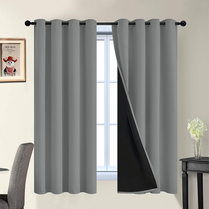 Yakamok Dove Grey 100% Blackout Curtains 63 Inches Long 52" Wide 2 Panel | Blackout Curtain Panels for Bedroom, 2 Thick Layers Grommet Top Thermal Insulated Drapes with Black Liner for Living Room