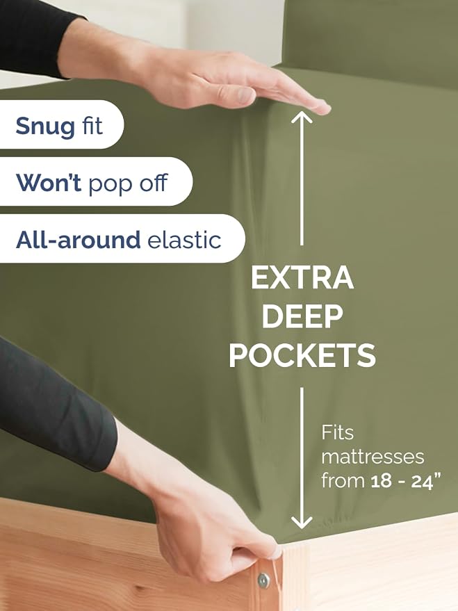 Extra Deep King Fitted Sheet - Single Fitted Sheet Only - Sage Green | Easily Fits 18 inch to 24 inch Mattress, Soft, Wrinkle Free, Breathable & Comfy, Extra Deep Pockets Hotel Luxury Fitted Sheet