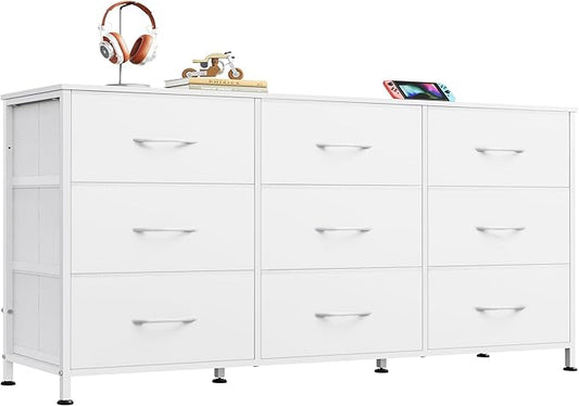 WLIVE Dresser TV Stand for 55 Inch TV, 9 Drawer Dresser for Bedroom, White | Fits TVs up to 55 inch, 9 roomy fabric drawers, Wide wood tabletop, Living room or bedroom, Chest of drawers