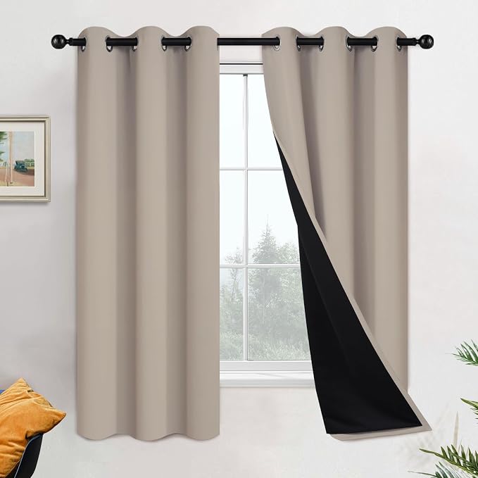 Yakamok Natural Blackout Curtains 63 Inches Long for Bedroom 42" Wide 2 PCS | Blackout Curtain Panels for Bedroom, 2 Thick Layers Grommet Top Thermal Insulated Drapes with Black Liner for Living Room