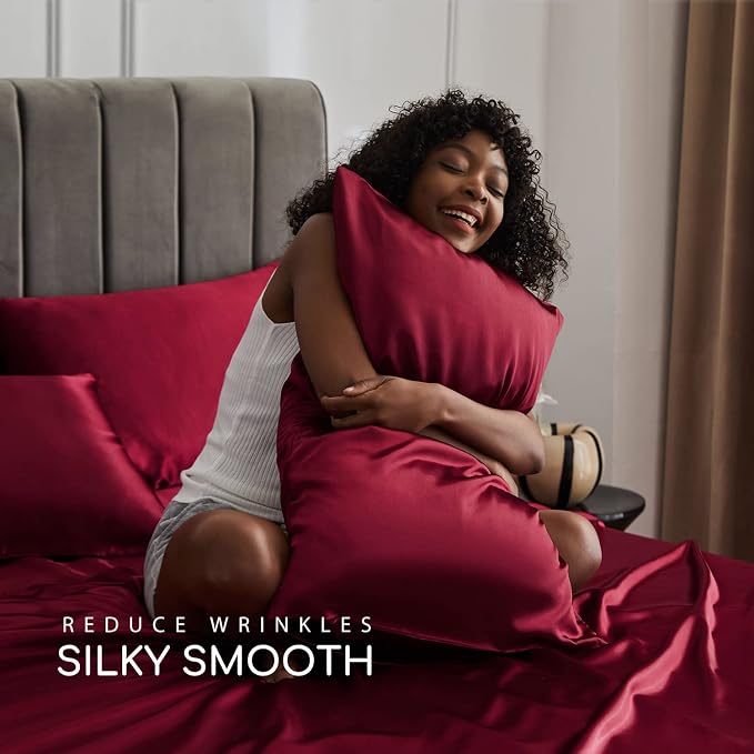 MR&HM Satin Sheets King Size with Elastic Corner Straps, Burgundy | Similar to Silk, 4-Piece Silky Soft Bed Sheet Set, Gentle on Skin and Hair, 15" Deep Pocket, Cooling & Breathable