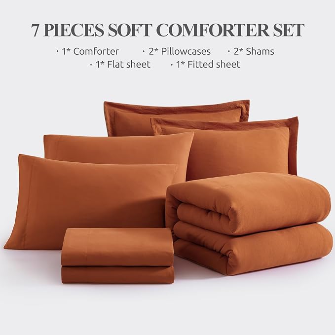 Oversized Queen Comforter Set -7 Pieces Soft Bed in a Bag Queen Bedding Set | Prewashed All Season Comforter with Sheets, Pillow Shams & Pillowcases,Burnt Orange