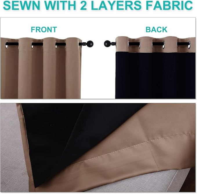 NICETOWN Extra Long Truly Blackout Drapes for Hall and Villa, 46-inch Width Each Panel, 45-inch Length, Cappuccino, 2 Pieces, 100% Blackout Window Curtains with Black Lined for Night Shift Worker