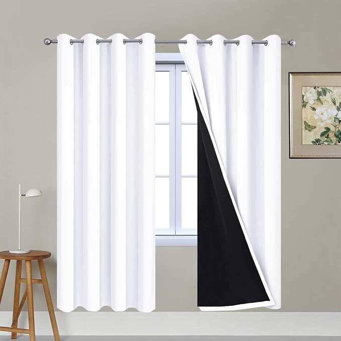 Yakamok Pure White 100% Blackout Curtains 72 Inches Long 52" Wide 2 Panel | Blackout Curtain Panels for Bedroom, 2 Thick Layers Grommet Top Thermal Insulated Drapes with Black Liner for Living Room
