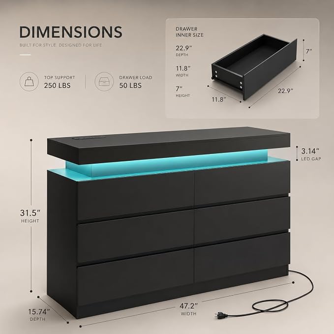 6 Drawer Dresser with LED Lights & Charging Station, Modern Floating Black Dresser for Bedroom, Smart Storage Chest with 2 AC Outlets & USB Ports for Living Room, Closet, Entryway
