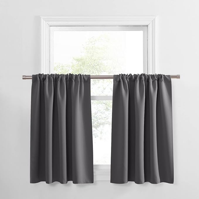 PONY DANCE Grey Short Window Curtains for Kitchen 30 inch Long, 2 Panels Set Half Window Drapes for Bedroom Basement, Blackout Small Curtains for Travel Trailers, Width 42 x Length 30 inches